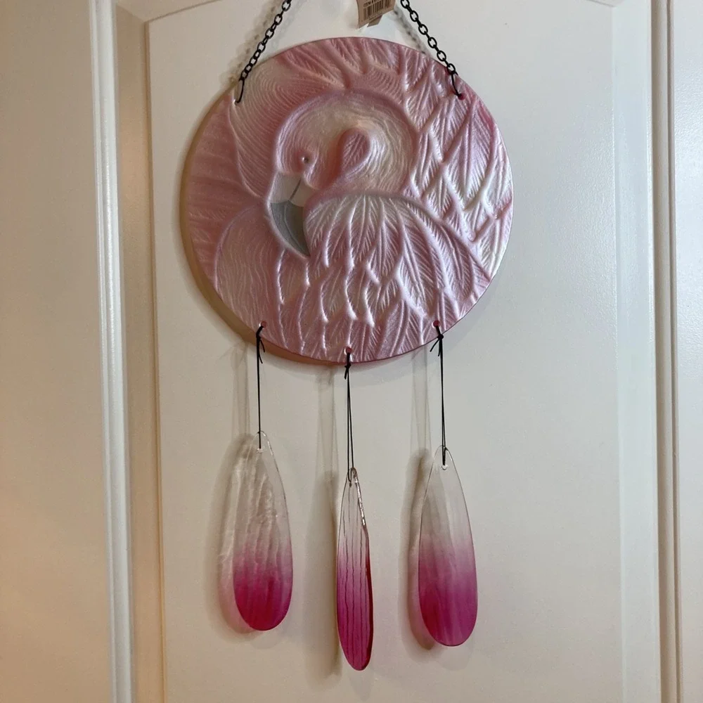CoTa Large Round Glass Pink Flamingo Wind Chime NWT